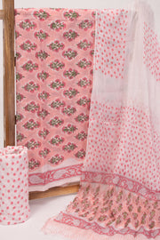 Pink Handblock Printed Cotton with Chiffon Dupatta 3-Piece Salwar Suit Material 10072965