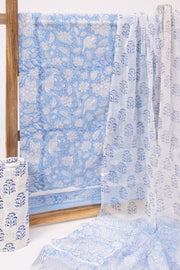 Blue Handblock Printed Cotton with Chiffon Dupatta 3-Piece Salwar Suit Material 10072970
