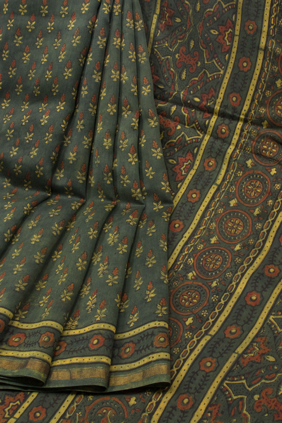 Green Ajrakh Printed Silk Cotton Saree - Avishya
