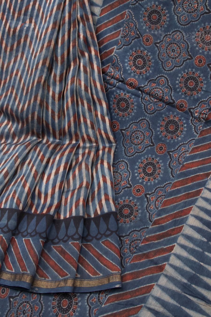 Blue  Ajrakh Printed Silk Cotton Saree - Avishya