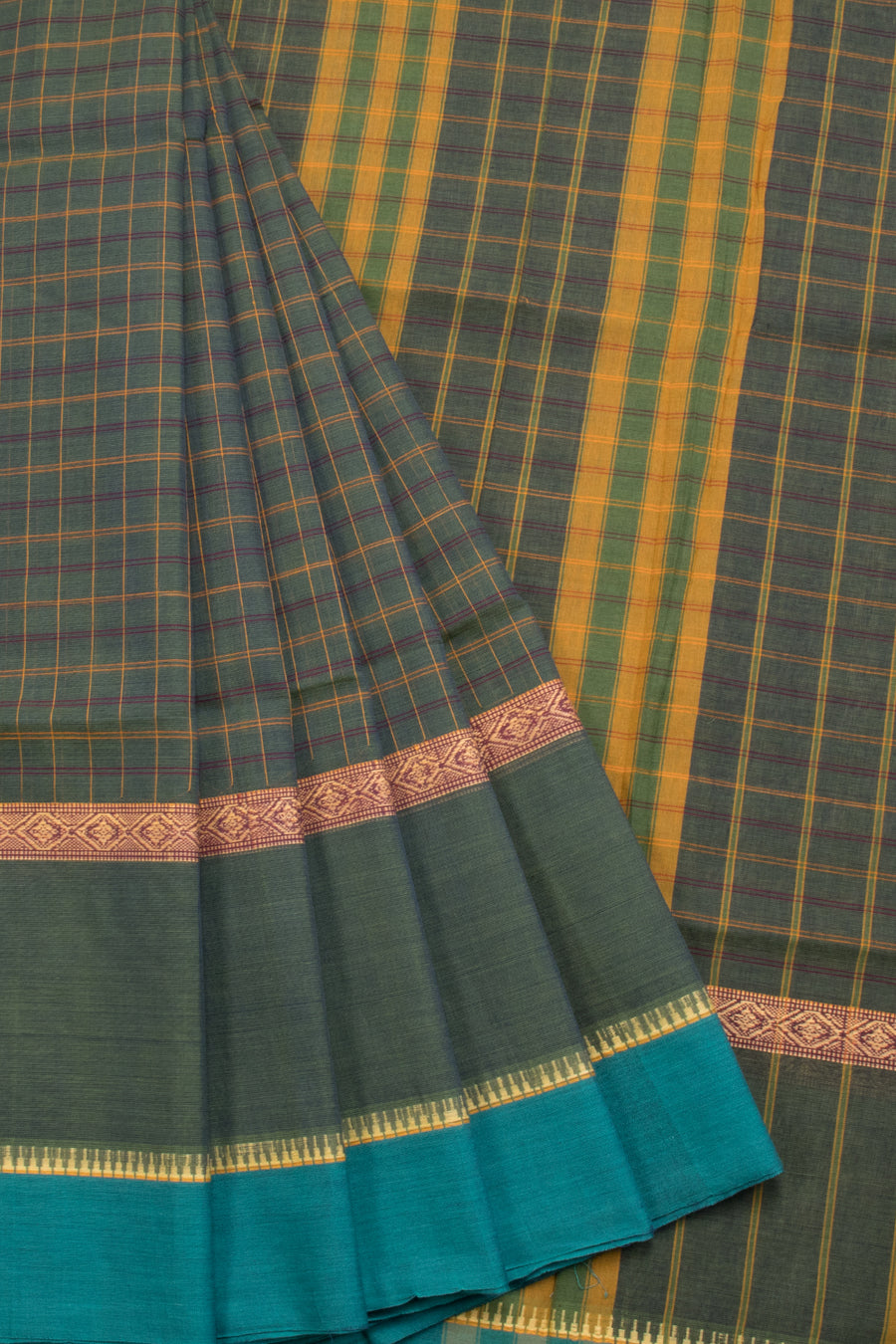 Hunter Green Handloom Narayanpet Cotton Saree Without Blouse - Avishya