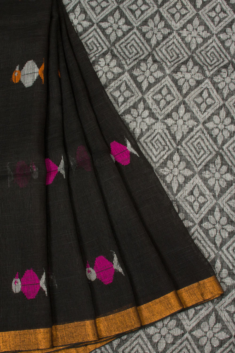 Black Handloom Jamdani Linen Saree - Avishya