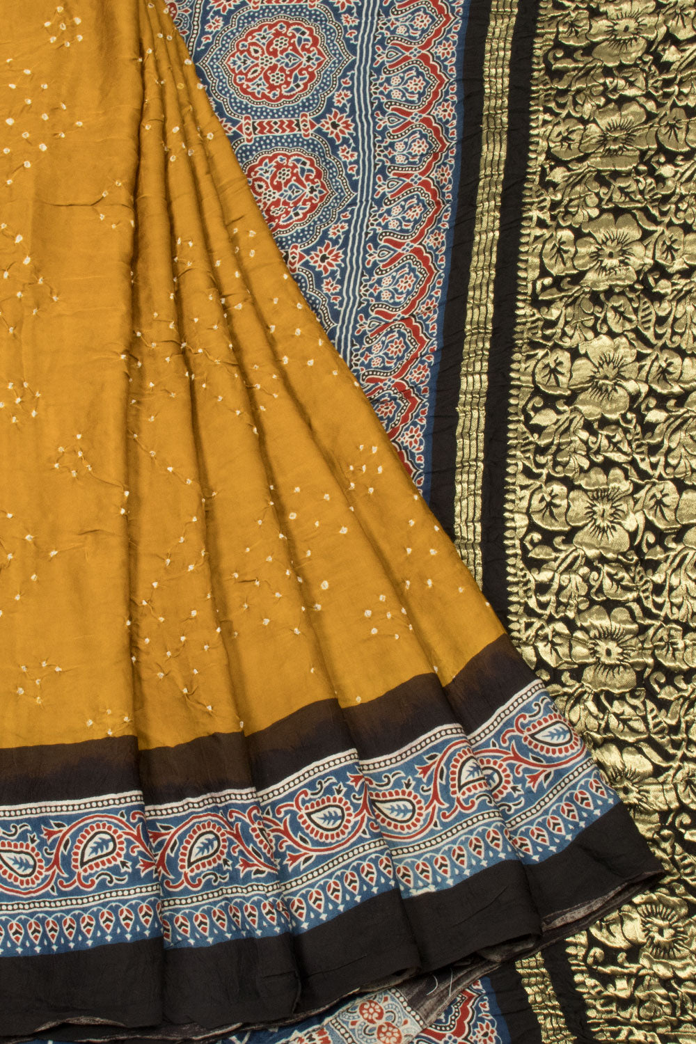 Yellow Handwoven Bandhani Ajrakh Printed Modal Silk Saree | Avishya.com