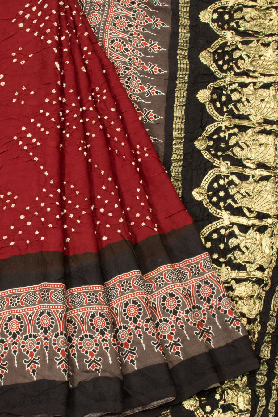 Maroon Handloom Ajrakh Bandhani Modal Silk Saree  - Avishya