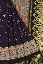 Black Handloom Ajrakh Bandhani Modal Silk Saree - Avishya