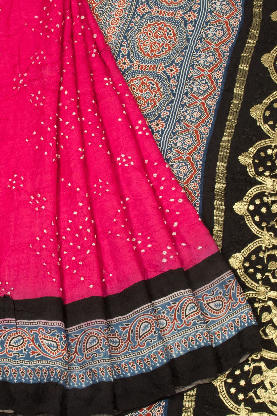 Pink Handloom Ajrakh Bandhani Modal Silk Saree  - Avishya