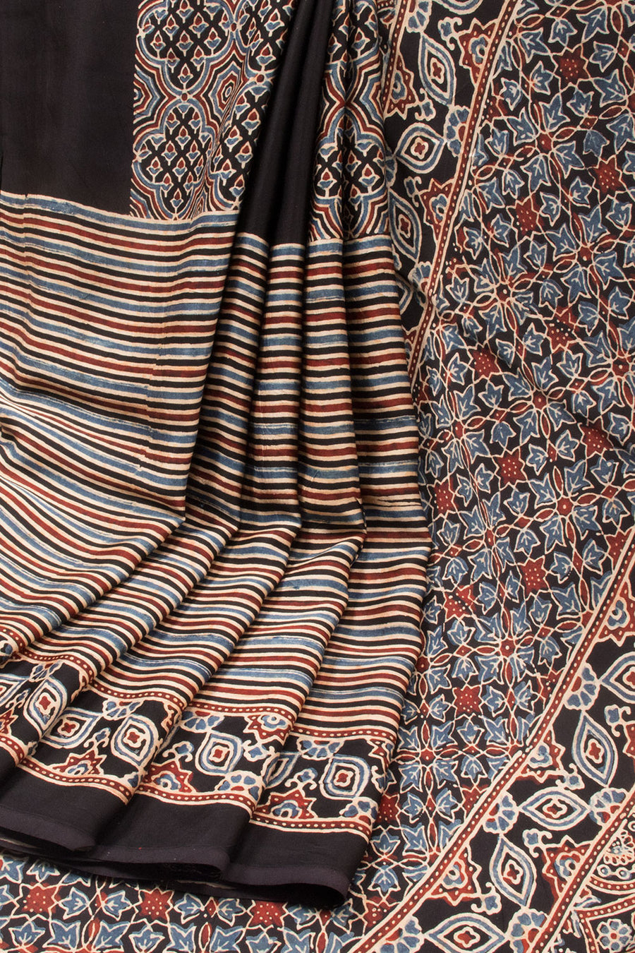 Black Ajrakh Modal Silk Saree - Avishya
