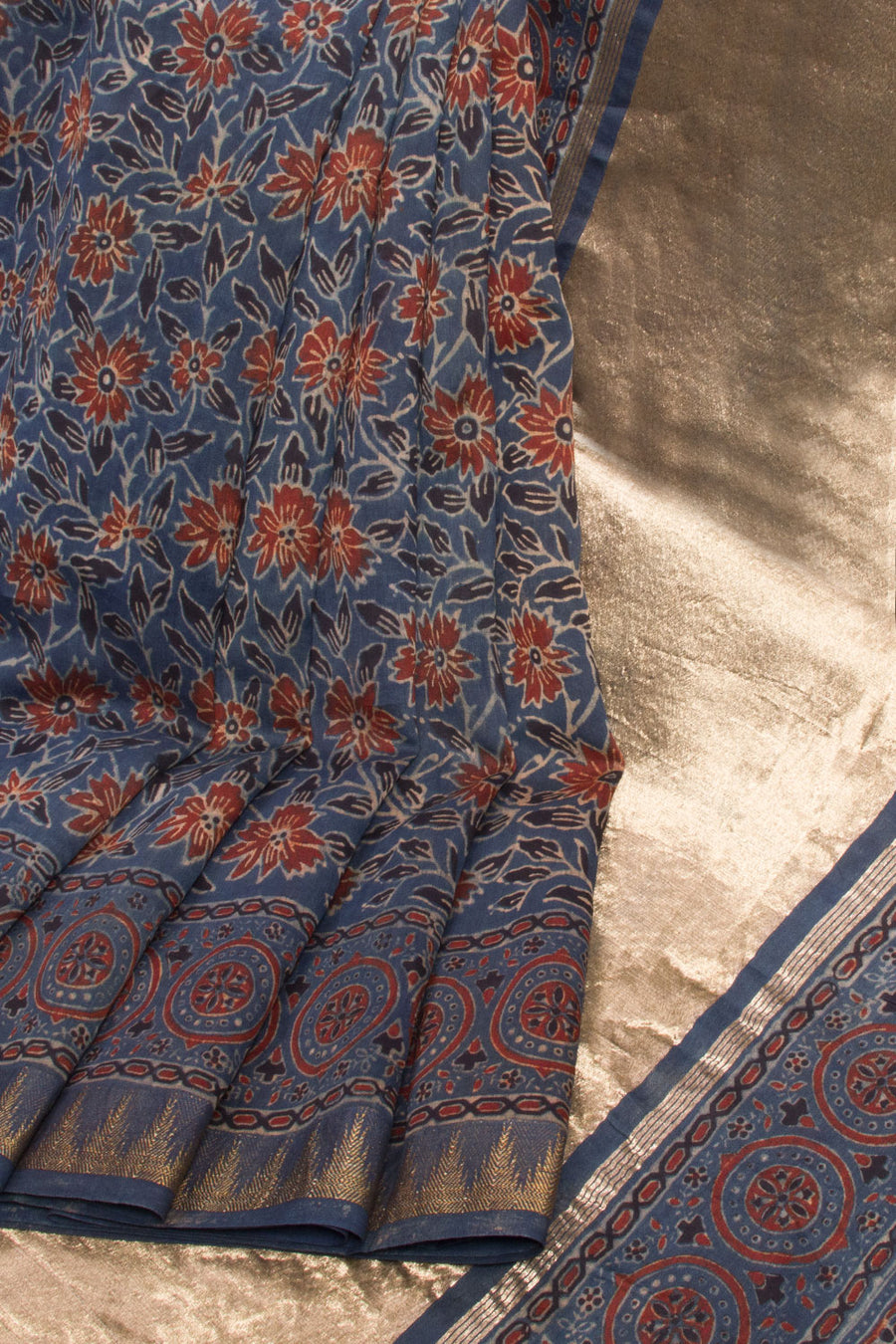  Blue Ajrakh Printed Silk Cotton Saree With Langdi Patta Zari Pallu - Avishya