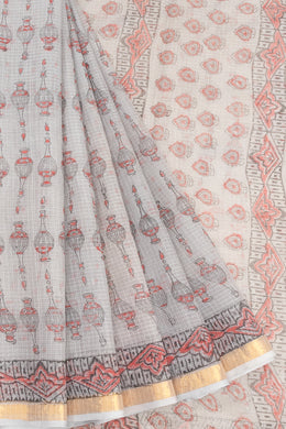 Grey Hand Block Printed Kota Cotton Saree 10068625 - Avishya