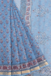 Blue Hand Block Printed Kota Cotton Saree 10068626 - Avishya