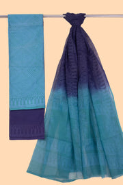 Blue 3-Piece Mulmul Cotton Salwar Suit Material With Kota Dupatta 