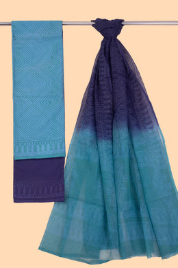 Blue 3-Piece Mulmul Cotton Salwar Suit Material With Kota Dupatta 