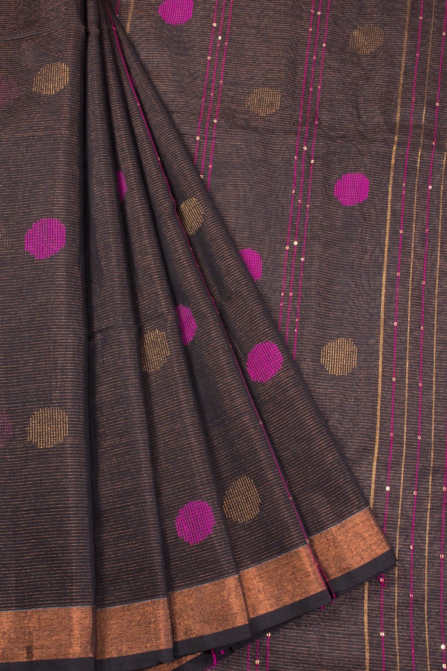 Black Bengal Phulia Silk Cotton Saree With sequin embellished Pallu 