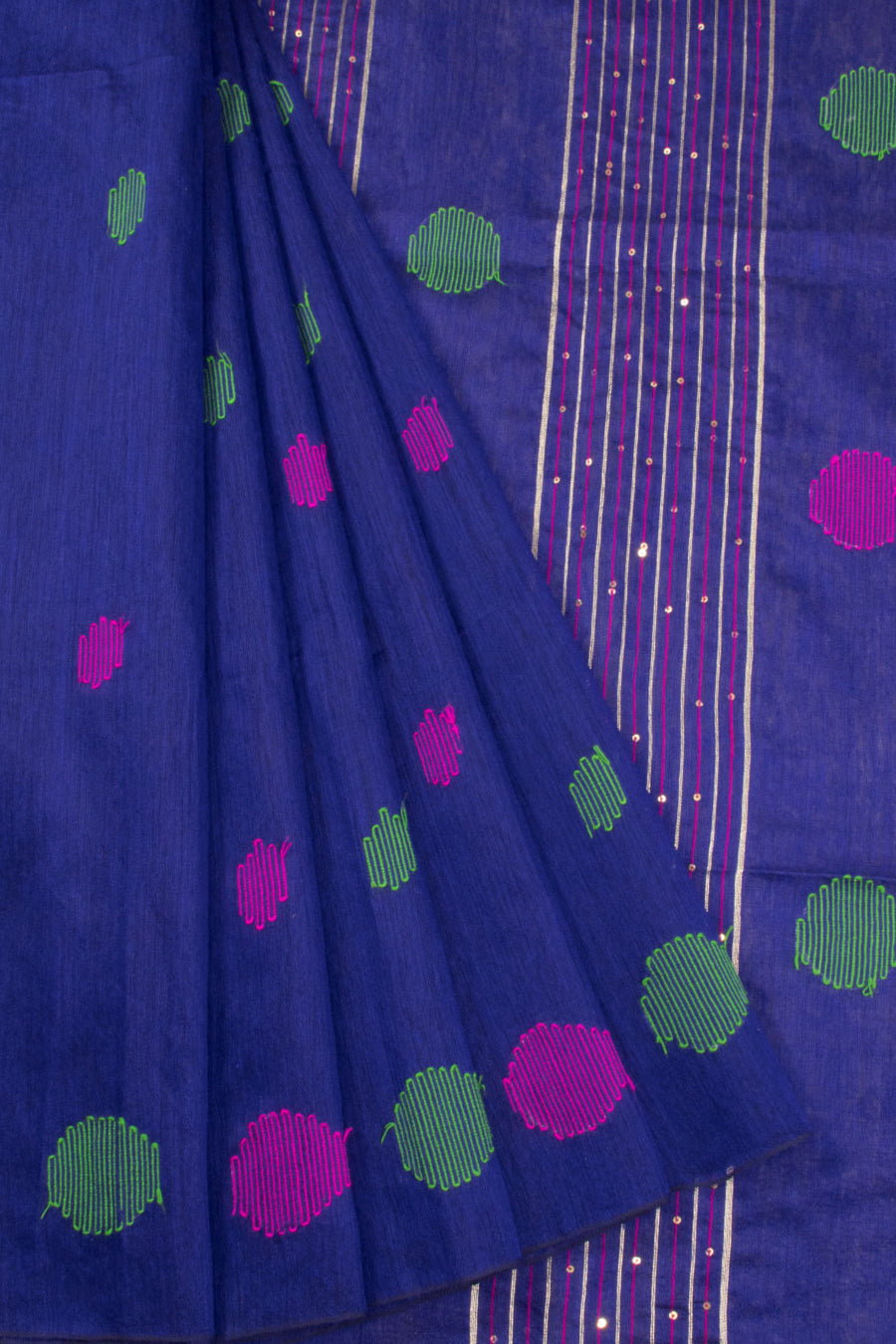 Indigo Blue Bengal Phulia Silk Cotton Saree With sequin embellished Pallu 