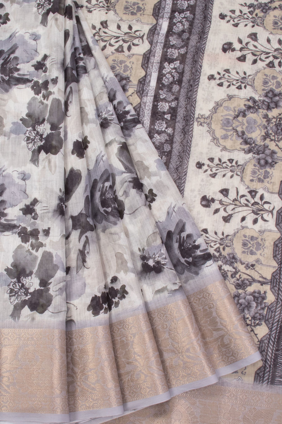 Light Grey Digital Printed Linen Saree