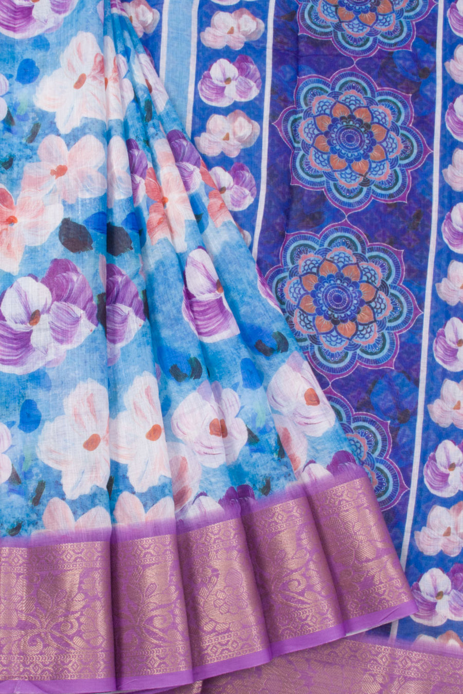 Pacific Blue Fancy Printed Linen Saree 10070282 - Avishya