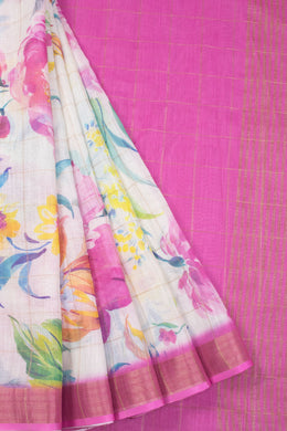 Off White Fancy Printed Linen Saree 10070297