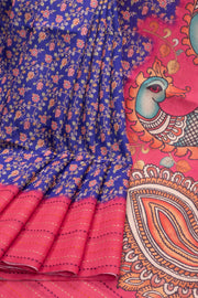 Blue Printed Kalamkari Tussar Silk Saree with Kantha Border 10070521