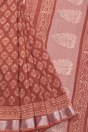 Brown Hand Block Printed Linen Saree