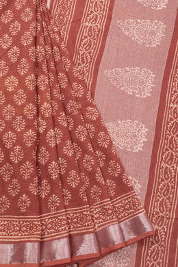 Brown Hand Block Printed Linen Saree