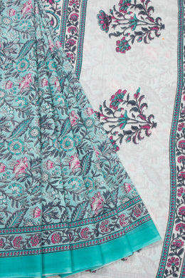 Blue Hand Block Printed Cotton Saree