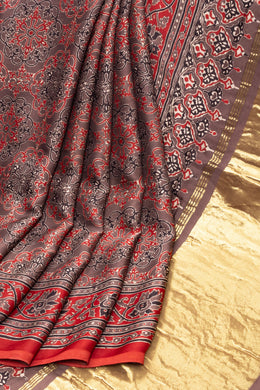 Brown Ajrakh Printed Modal Silk Saree
