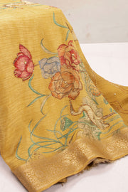 Yellow Banarasi Crushed Tissue Silk Saree with Stone Work 10073728