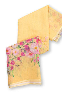Yellow Floral Printed Linen Saree 10074019