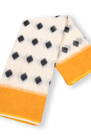 White Ikat Print Linen Saree 10074026