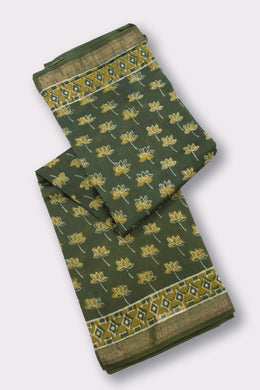 Green Akola Dabu Printed Silk Cotton Saree 10074135