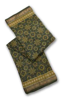 Green Akola Dabu Printed Silk Cotton Saree 10074138