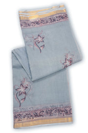 Grey Hand Block Print Kota Cotton Saree 10074166