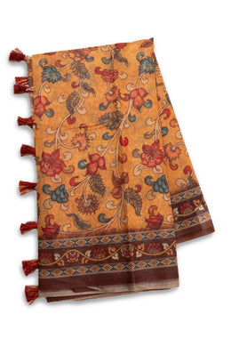 Yellow Kalamkari Printed Malai Cotton Saree 10074685