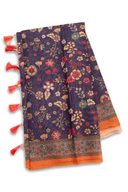 Blue Kalamkari Printed Malai Cotton Saree 10074689