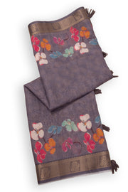 Lavender Grey Fancy Printed Linen Saree 10075295