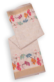 Soft Cream Fancy Printed Linen Saree 10075296