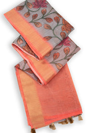 Grey Printed Semi Linen Saree With Floral Motifs And Zari Border 10076279