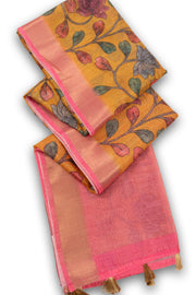 Yellow Printed Semi Linen Saree With Floral Motifs And Zari Border 10076280