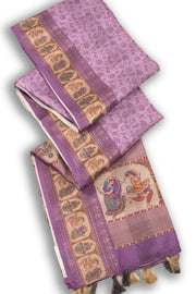 Purple Printed Semi Linen Saree With Tribal Motifs 10076281