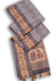 Grey Printed Semi Linen Saree With Tribal Motifs 10076282