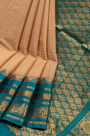 Beige Handloom Gadwal Kuttu Cotton Saree With Checks Design 10076423