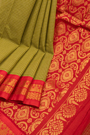 Green Handloom Gadwal Kuttu Cotton Saree With Checks Design 10076428