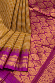 Brown Handloom Gadwal Kuttu Cotton Saree With Checks Design 10076429