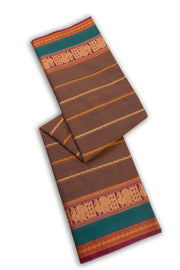 Mocha Brown Handloom Kanchi Cotton Saree with Srtipes And Peacock Border 10076458