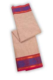 Desert Brown Handloom Kanchi Cotton Saree with Checks And Peacock Border 10076471