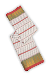 Pearl White Handloom Kanchi Cotton Saree with Stripes and Temple Border 10076478