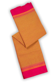 Golden Honey Yellow Handloom Kanchi Cotton Saree with Stripes And Temple Border 10076483