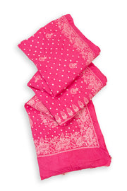 Bright Blush Pink Tie And Dye Bandhani Embroidered Cotton Saree 10076501