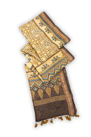 Apricot Beige Ajrakh Printed Silk Cotton Saree With Geometric Motifs And Zari Border 10076509