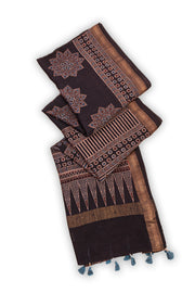 Truffle Black Ajrakh Printed Silk Cotton Saree With Floral Motifs And Zari Border 10076510